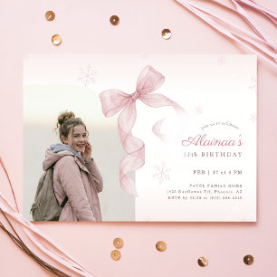 Blush Pink Bow Winter Girl Photo 15th Birthday Invitation