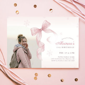 Blush Pink Bow Winter Girl Photo 15th Birthday Invitation