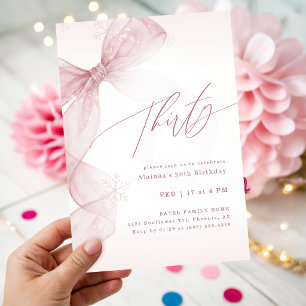 Blush Pink Bow Winter Girls Thirty 30th Birthday Invitation