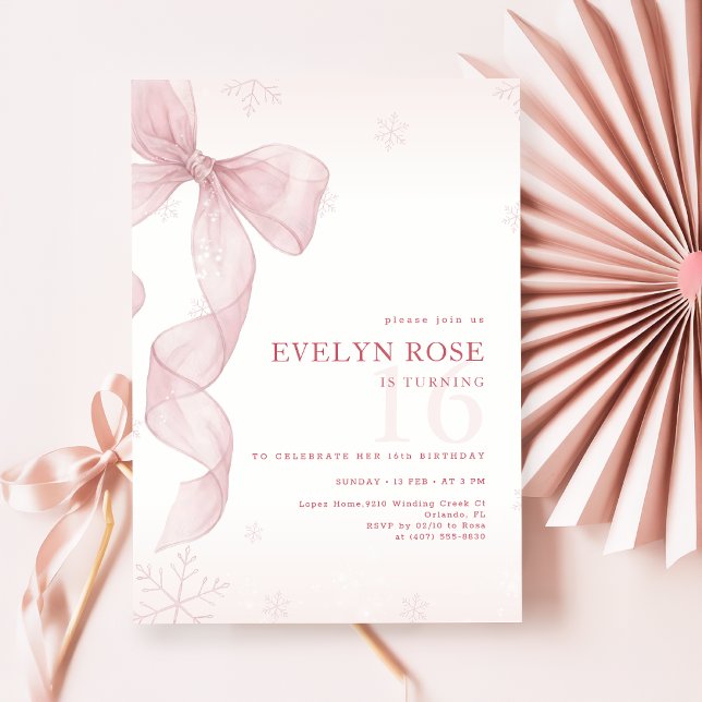 Blush Pink Bow Winter Snowflake 16th Birthday Invitation (Creator Uploaded)