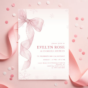 Blush Pink Bow Winter Snowflake 16th Birthday Invitation