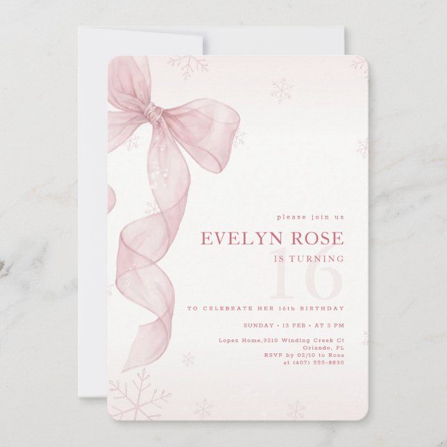 Blush Pink Bow Winter Snowflake 16th Birthday Invitation (Front)