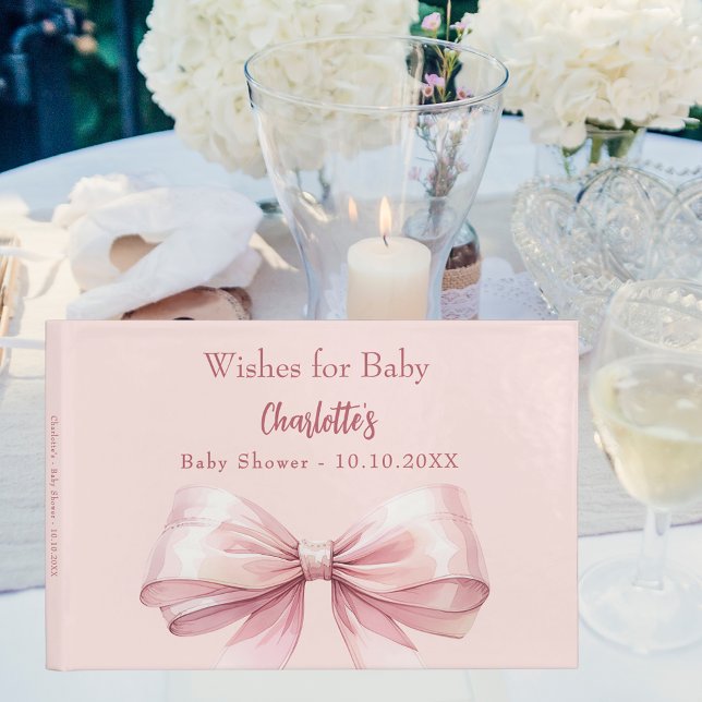 Blush pink bow wishes girl Baby Shower Guest Book (Creator Uploaded)