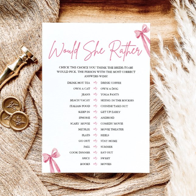 Blush Pink Bow Would She Rather Bridal Shower Game Invitation (Blush Pink Bow Would She Rather Bridal Shower Game)