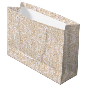 Blush Pink Bows Faux Basket Weave Birthday Large Gift Bag