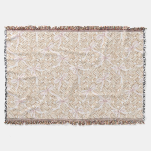 Blush Pink Bows Faux Basket Weave Birthday Throw Blanket (Front)