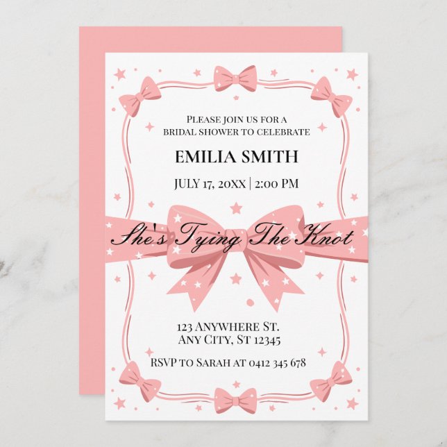 blush pink Bows She's Tying the Knot Bridal Shower Invitation (Front/Back)