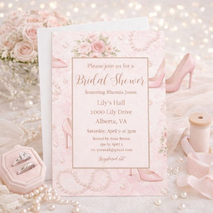 Blush Pink Bridal Shower Heels and Pearls Invitation