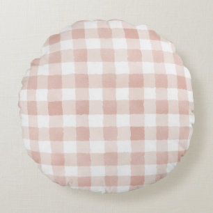 Blush Pink Brown Cream Plaid Stripes Round Cushion