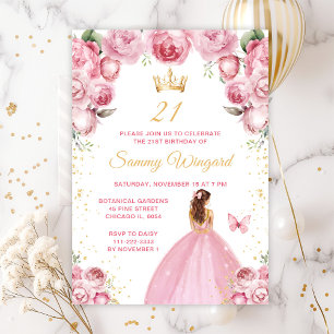 Blush Pink Brown Hair Princess Birthday Party Invitation