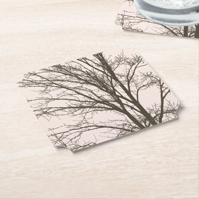 Blush Pink Brown Tree Branches Paper Coaster (Angled)