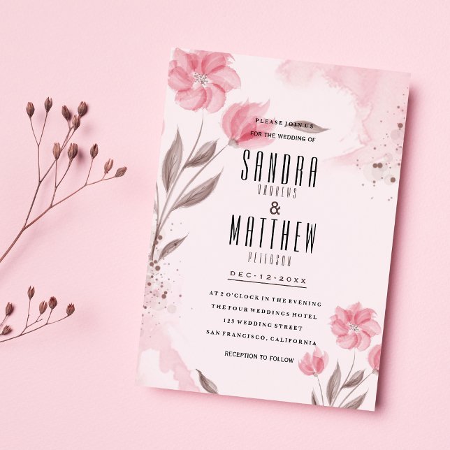 Blush pink brown watercolor flowers Wedding  Invitation (Blush pink brown watercolor flowers Wedding)
