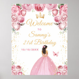 Blush Pink Brunette Hair Princess Birthday Welcome Poster