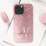Blush Pink Brushed Metal Glitter Monogram Name<br><div class="desc">Easily personalize this trendy chic phone case design featuring pretty blush pink sparkling faux glitter on a blush pink brushed metallic background.</div>