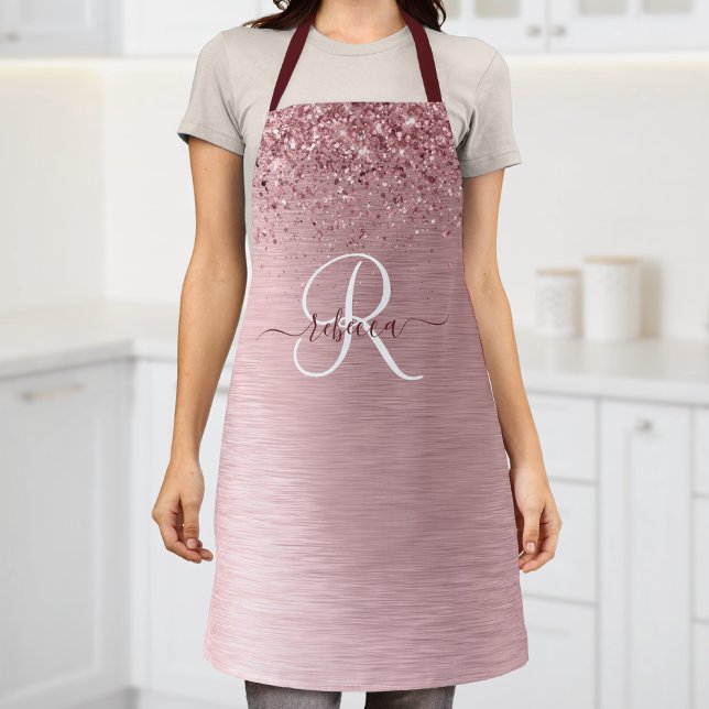 Blush Pink Brushed Metal Glitter Monogram Name Apron (Creator Uploaded)