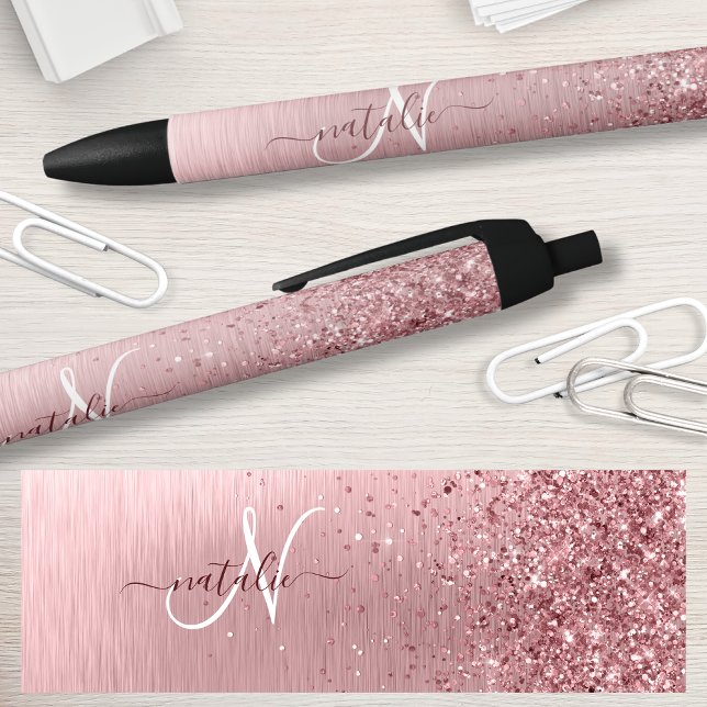Blush Pink Brushed Metal Glitter Monogram Name Black Ink Pen (Creator Uploaded)