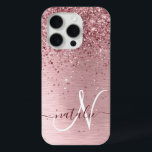 Blush Pink Brushed Metal Glitter Monogram Name iPhone 15 Pro Case<br><div class="desc">Easily personalise this trendy chic phone case design featuring pretty blush pink sparkling glitter on a blush pink brushed metallic background.</div>