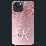 Blush Pink Brushed Metal Glitter Monogram Name iPhone 13 Pro Max Case<br><div class="desc">Easily personalise this trendy chic phone case design featuring pretty blush pink sparkling glitter on a blush pink brushed metallic background.</div>