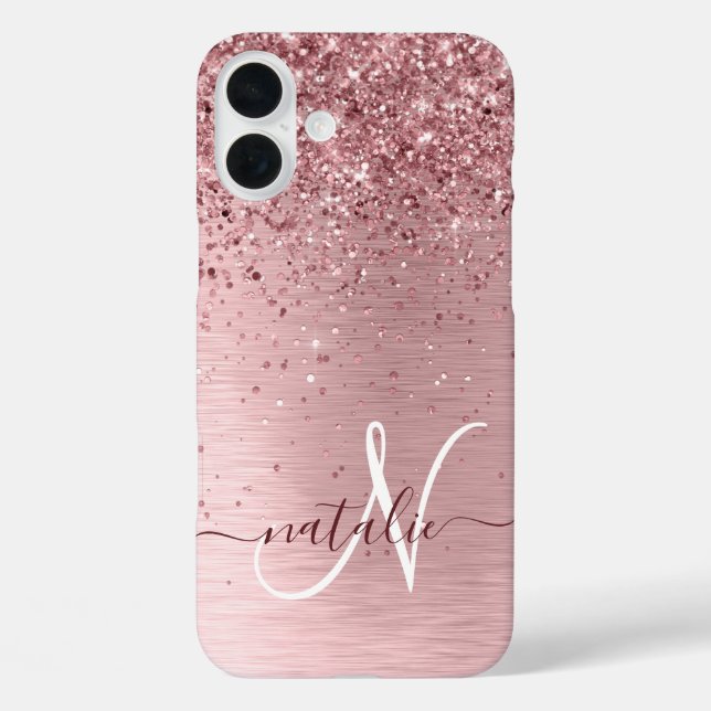 Blush Pink Brushed Metal Glitter Monogram Name Case-Mate iPhone Case (Back)