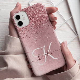 Blush Pink Brushed Metal Glitter Monogram Name Case-Mate iPhone 14 Case
