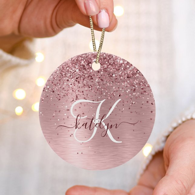 Blush Pink Brushed Metal Glitter Monogram Name Ceramic Tree Decoration (Creator Uploaded)