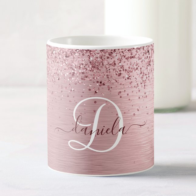 Blush Pink Brushed Metal Glitter Monogram Name Coffee Mug (Creator Uploaded)
