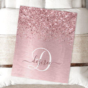 Blush Pink Brushed Metal Glitter Monogram Name Fleece Blanket