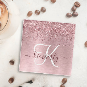 Blush Pink Brushed Metal Glitter Monogram Name Glass Coaster