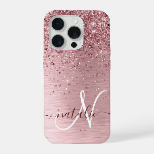 Blush Pink Brushed Metal Glitter Monogram Name iPhone 15 Pro Case