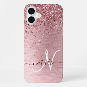 Blush Pink Brushed Metal Glitter Monogram Name iPhone 16 Plus Case