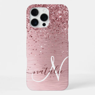 Blush Pink Brushed Metal Glitter Monogram Name iPhone 16 Pro Max Case
