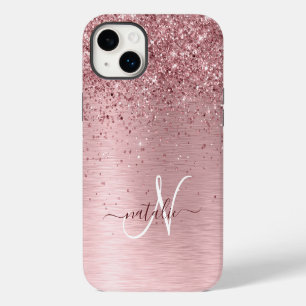 Blush Pink Brushed Metal Glitter Monogram Name iPhone 14 Plus Case