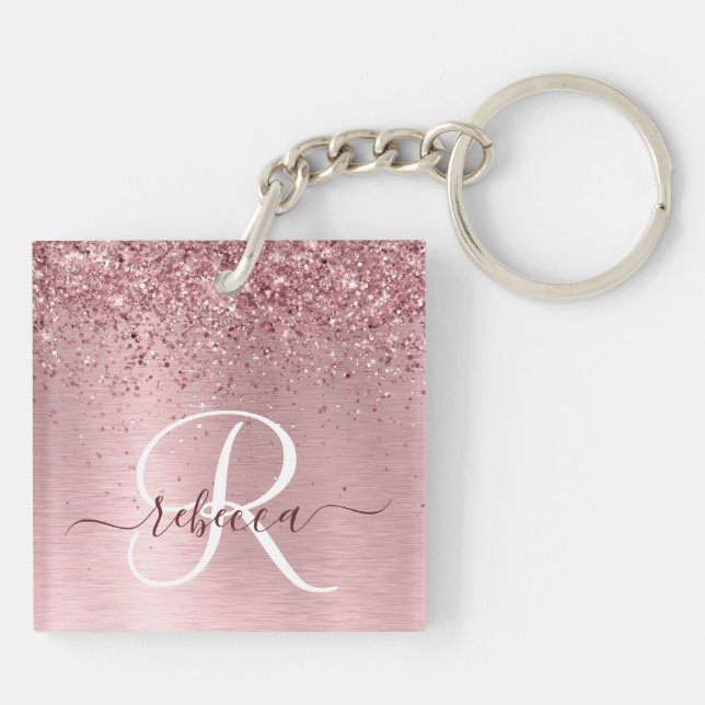 Blush Pink Brushed Metal Glitter Monogram Name Key Ring (Back)