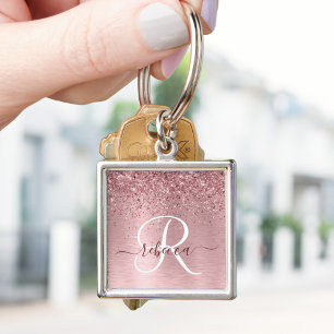 Blush Pink Brushed Metal Glitter Monogram Name Key Ring
