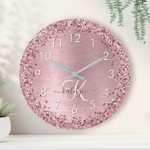 Blush Pink Brushed Metal Glitter Monogram Name Large Clock