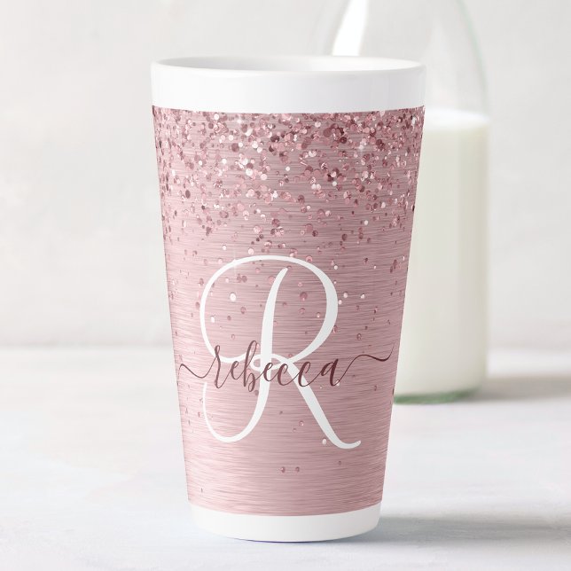 Blush Pink Brushed Metal Glitter Monogram Name Latte Mug (Creator Uploaded)