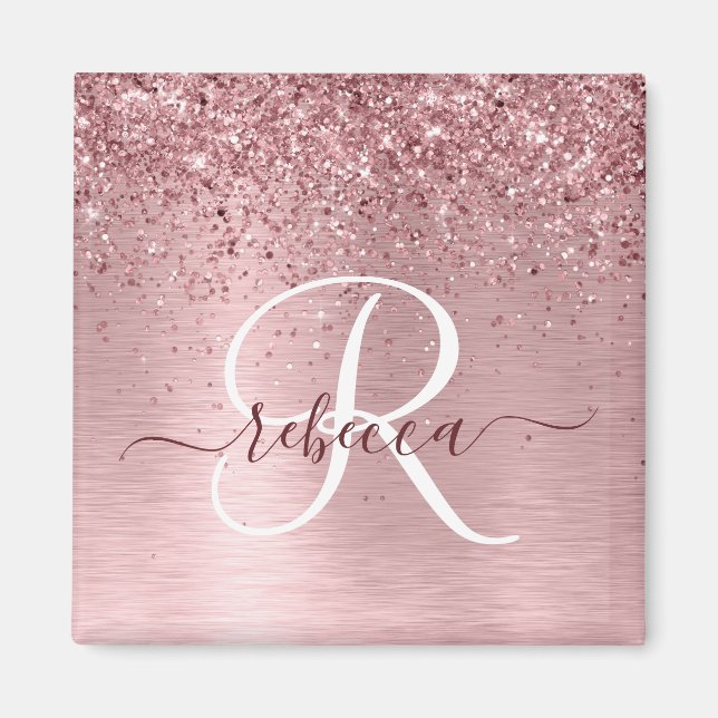 Blush Pink Brushed Metal Glitter Monogram Name Magnet (Front)
