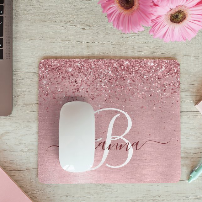 Blush Pink Brushed Metal Glitter Monogram Name Mouse Pad (Creator Uploaded)