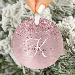 Blush Pink Brushed Metal Glitter Monogram Name Ornament