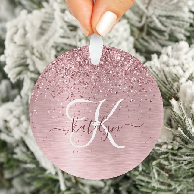 Blush Pink Brushed Metal Glitter Monogram Name Ornament (Creator Uploaded)