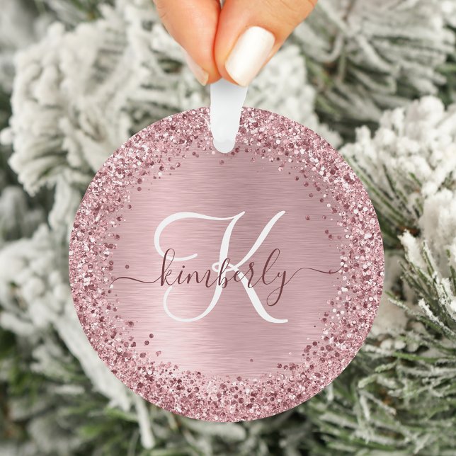 Blush Pink Brushed Metal Glitter Monogram Name Ornament (Creator Uploaded)