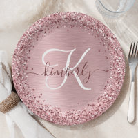 Blush Pink Brushed Metal Glitter Monogram Name