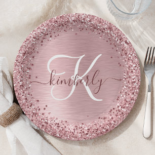 Blush Pink Brushed Metal Glitter Monogram Name Paper Plate