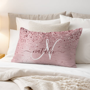 Blush Pink Brushed Metal Glitter Monogram Name Pillowcase