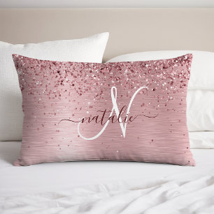 Blush Pink Brushed Metal Glitter Monogram Name Pillowcase