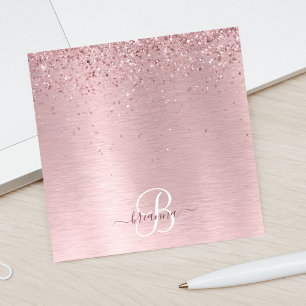 Blush Pink Brushed Metal Glitter Monogram Name Post-it Notes