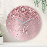Blush Pink Brushed Metal Glitter Monogram Name Round Clock<br><div class="desc">Easily personalise this trendy chic round clock design featuring pretty blush pink sparkling glitter on a blush pink brushed metallic background.</div>