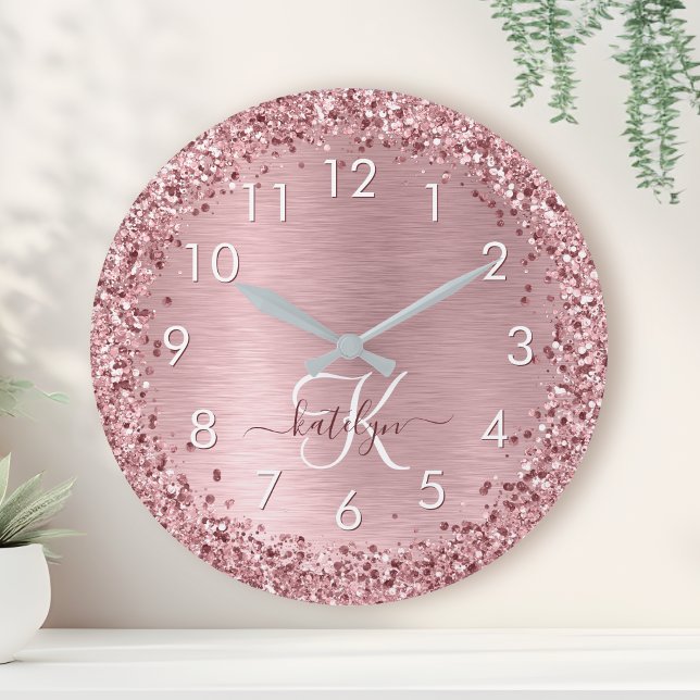 Blush Pink Brushed Metal Glitter Monogram Name Round Clock (Creator Uploaded)