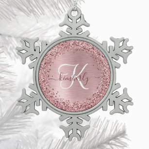 Blush Pink Brushed Metal Glitter Monogram Name Snowflake Pewter Christmas Ornament