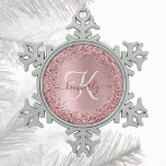 Blush Pink Brushed Metal Glitter Monogram Name Snowflake Pewter Christmas Ornament<br><div class="desc">Easily personalise this trendy chic snowflake framed Christmas ornament design featuring pretty silver sparkling faux glitter on a rose gold brushed metallic background.</div>